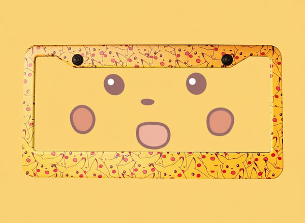 Yellow Surprised Pikachu meme license plate frame with Pokemon face artwork