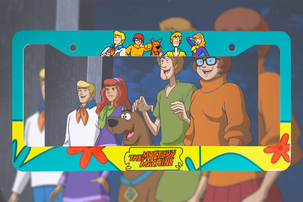 Teal Scooby Doo Mystery Machine license plate frame with cartoon characters