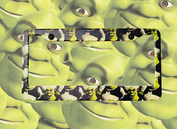 Shrek meme license plate frame with repeating Shrek face artwork