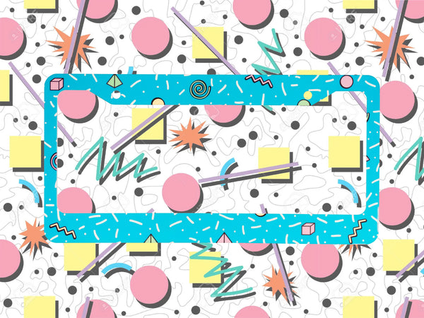 Teal Solo Jazz Cup license plate frame on a white 90s memphis pattern background