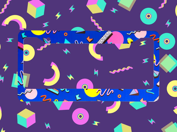 Blue Solo Jazz Cup license plate frame on a purple 90s memphis pattern background