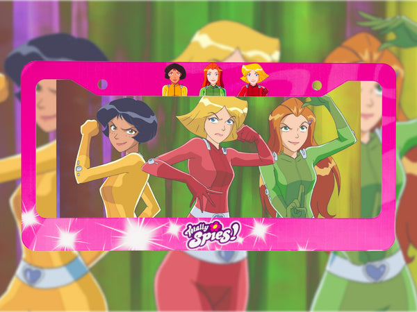 Pink Totally Spies license plate frame with cartoon character artwork