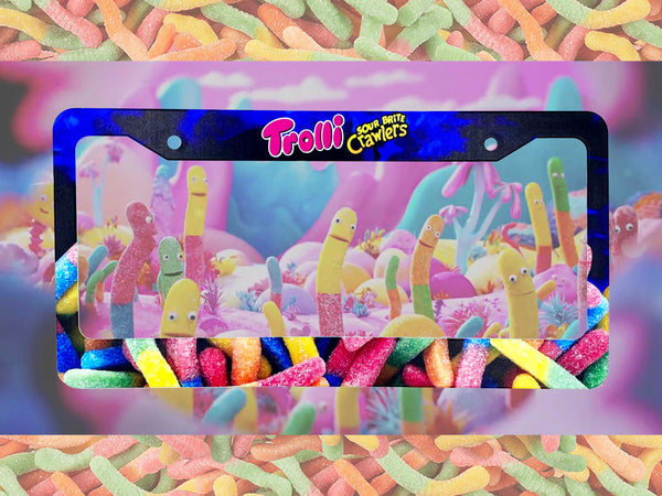 Black Trolli Sour Brite Crawlers license plate frame with gummy worm artwork